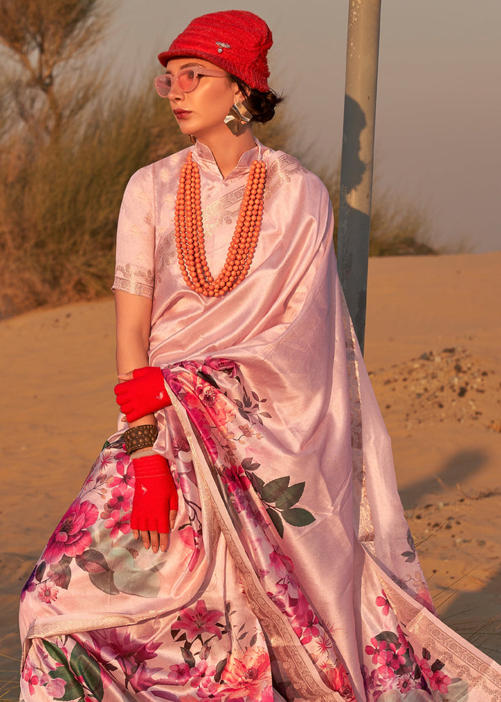 Floral Pink Woven Tussar Silk Saree