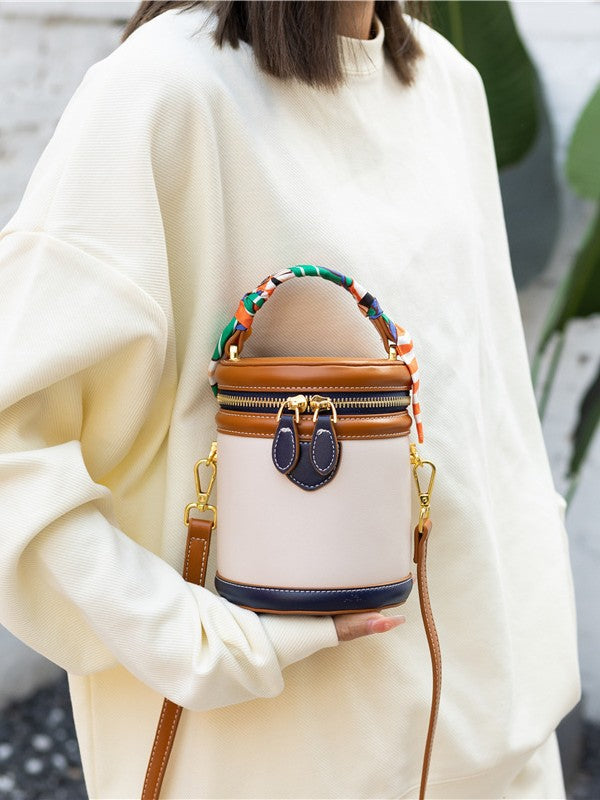 Women's Retro Color-Block Barrel Bag – Mini Cylinder Cosmetic Case with Detachable Silk Scarf & Chain Strap