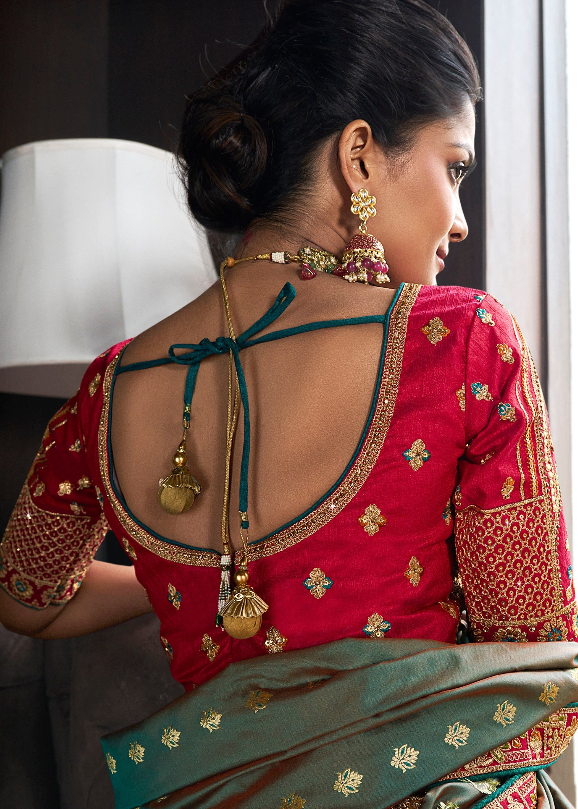 Jade Green & Pink Banarasi Silk Lehenga with Zarkan Codding work | Ready To Wear - qivii