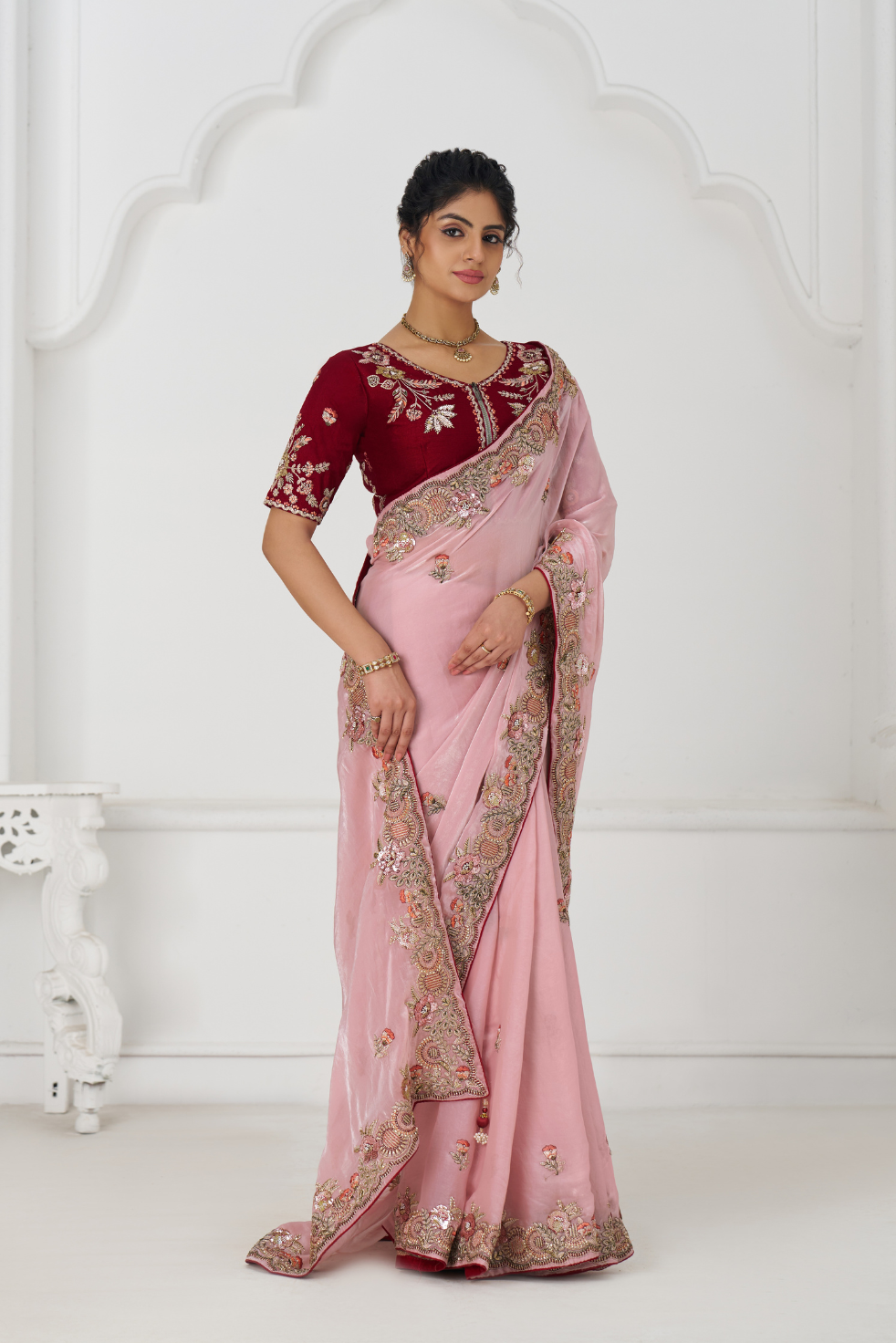 Graceful Pink Zari and Sequins on Rich Fendi Silk Saree - qivii