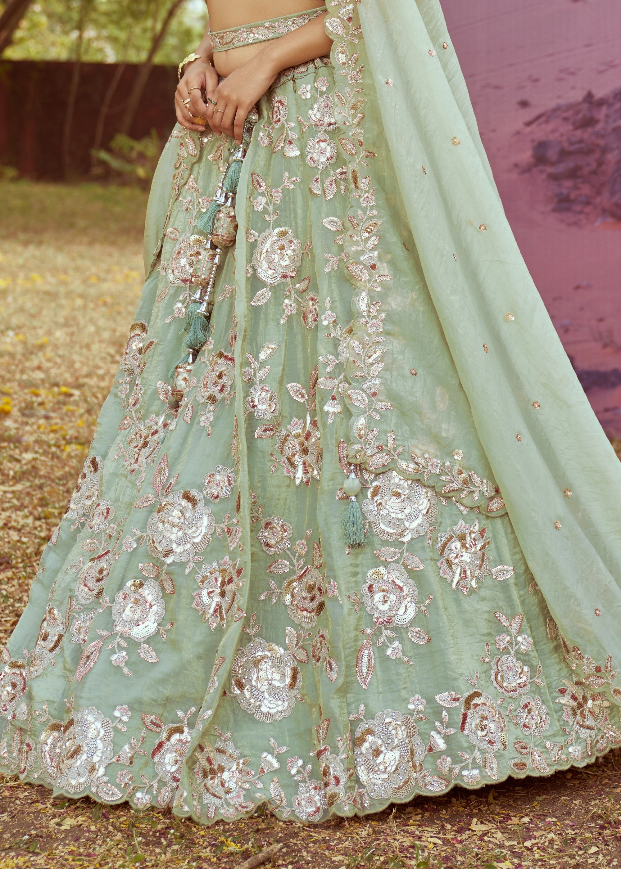 Lime Green Organza Sequins embroidery Lehenga | Ready To Wear - qivii