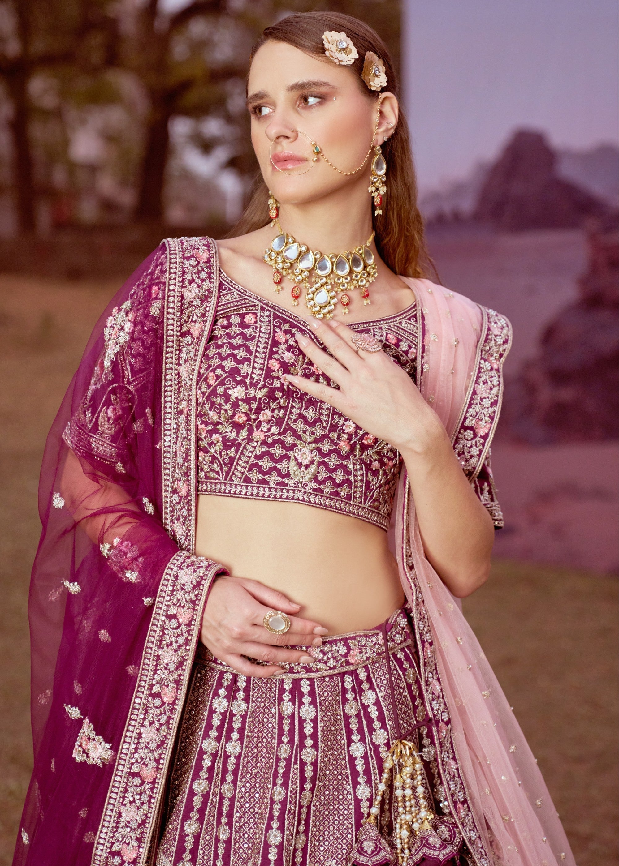 Purple Pure silk Moti, Sequins embroidery Bridal Lehenga | Ready To Wear - qivii