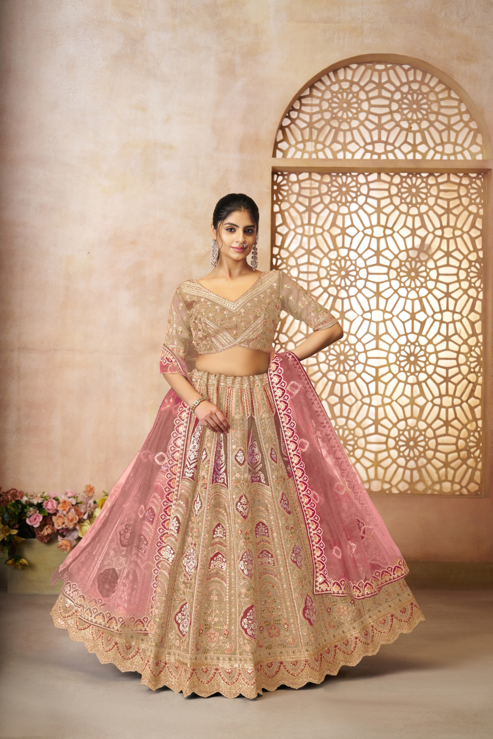Champagne Chiku Aari Embroidered Banarasi Lehenga - qivii