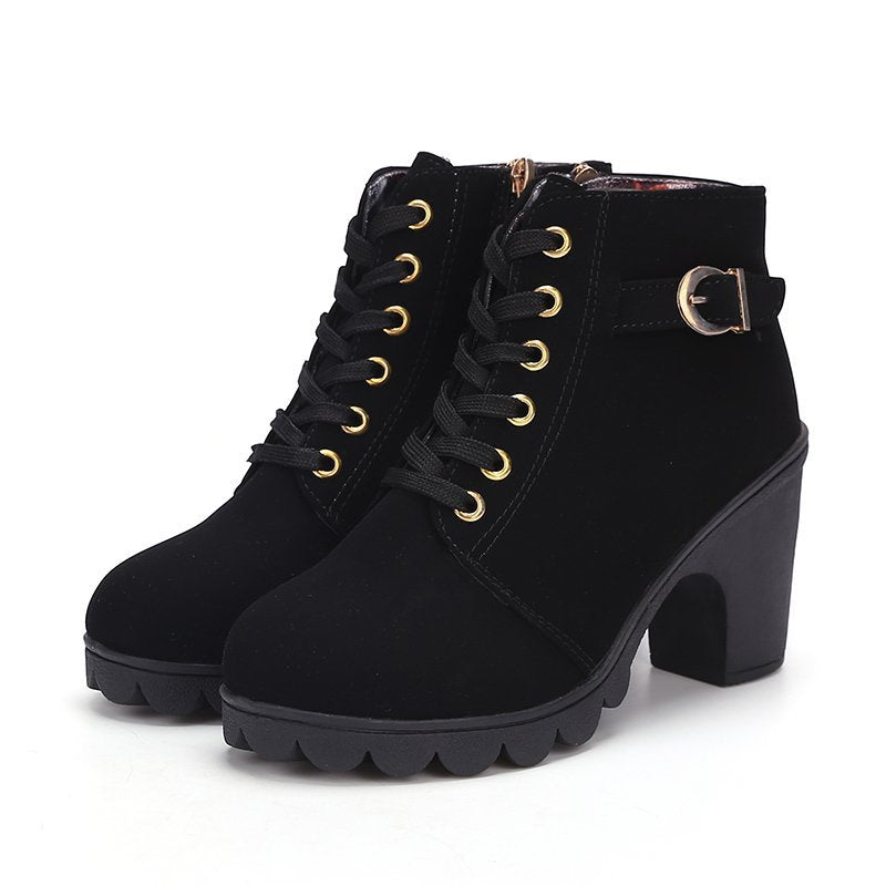 Women's Buckle Decorated Chunky Heel Ankle Boots - Side Zipper & Lace-Up Round Toe Mid-Calf Equestrian Boots (US 4-10)
