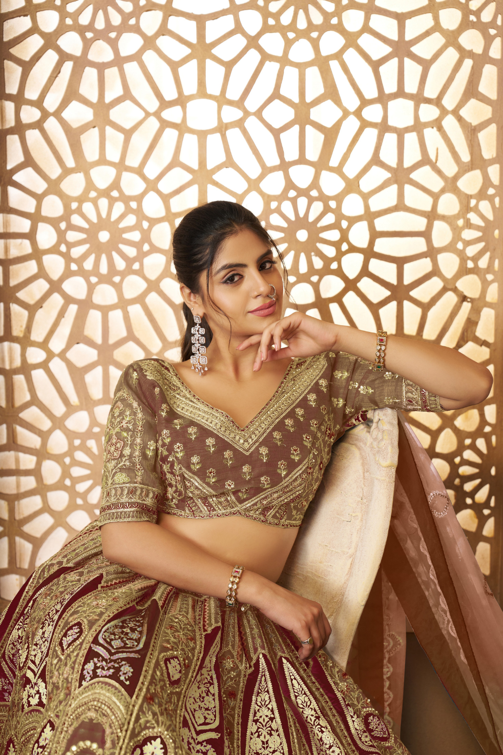Mocha/Coffee Color Aari Embroidered Banarasi Lehenga for Brides - qivii