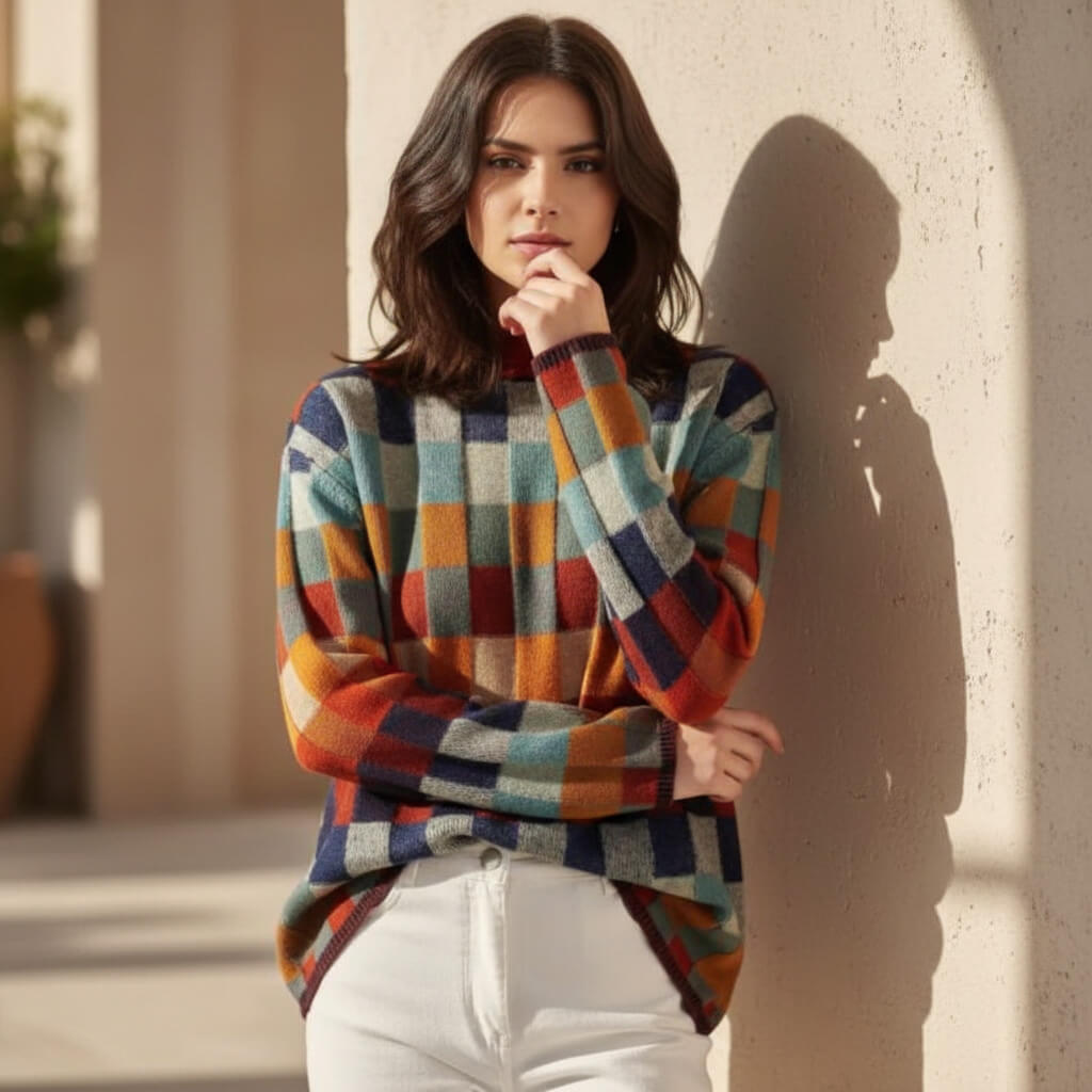 Emma Checkered Merino Sweater  - By Qivii