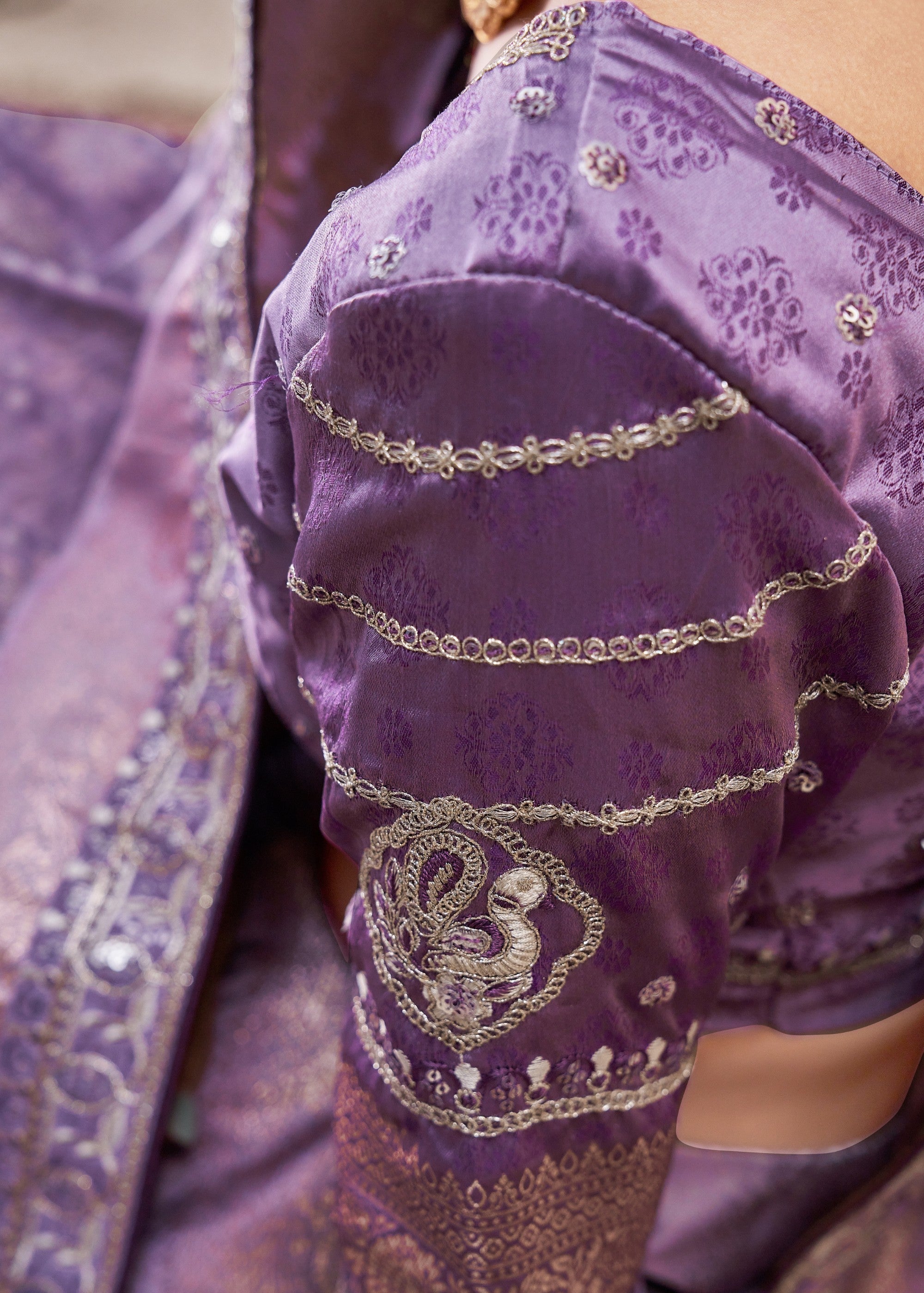 Dark Purple Satin Silk Saree With Heavy Embroidery Lace & Blouse - qivii