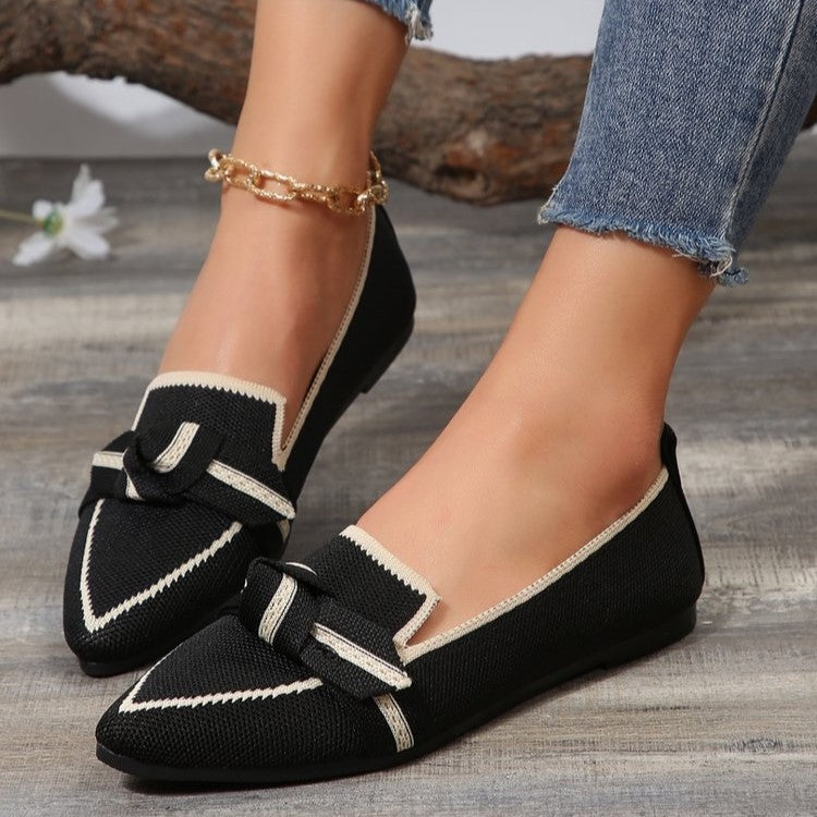 Women's Plus Size Knit Flat Loafers - Slip-On Bowknot Shallow Cut Lazy Work Shoes