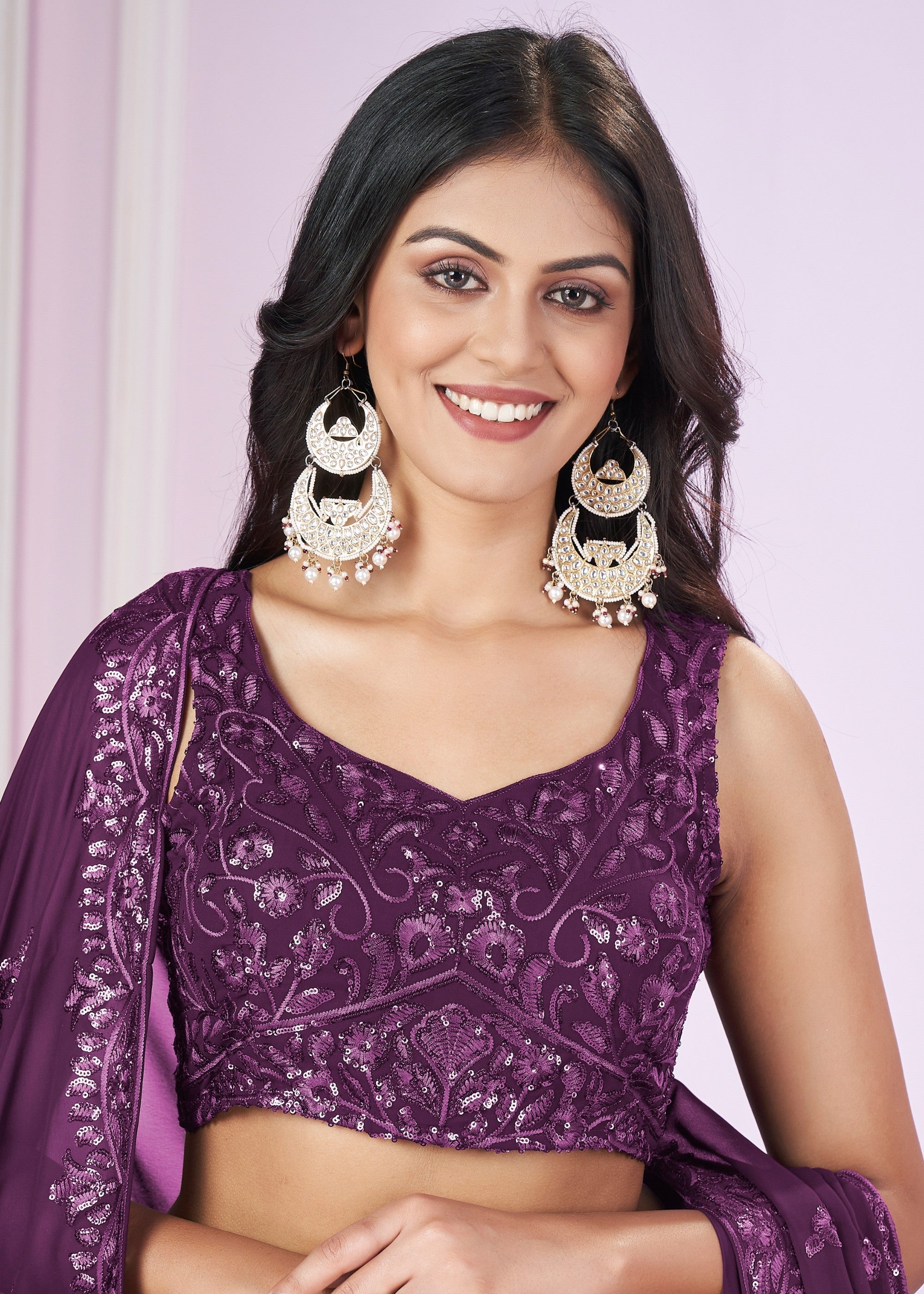 Mulberry Purple Georgette Lehenga Choli With Sequins And Thread Embroidery Work | Ready To Wear - qivii