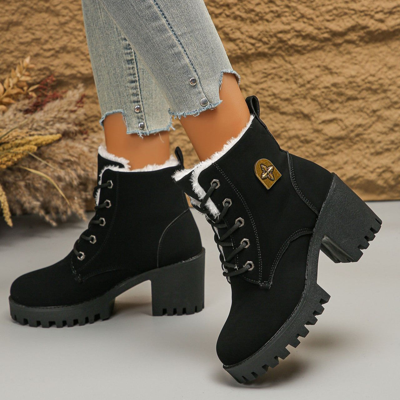 Women's Alpine Luxe Combat Boot - Chunky Sole Mid-Heel Weatherproof Ankle Boots with Faux Fur Lining & Classic Lace-Up Design (US 4-10)