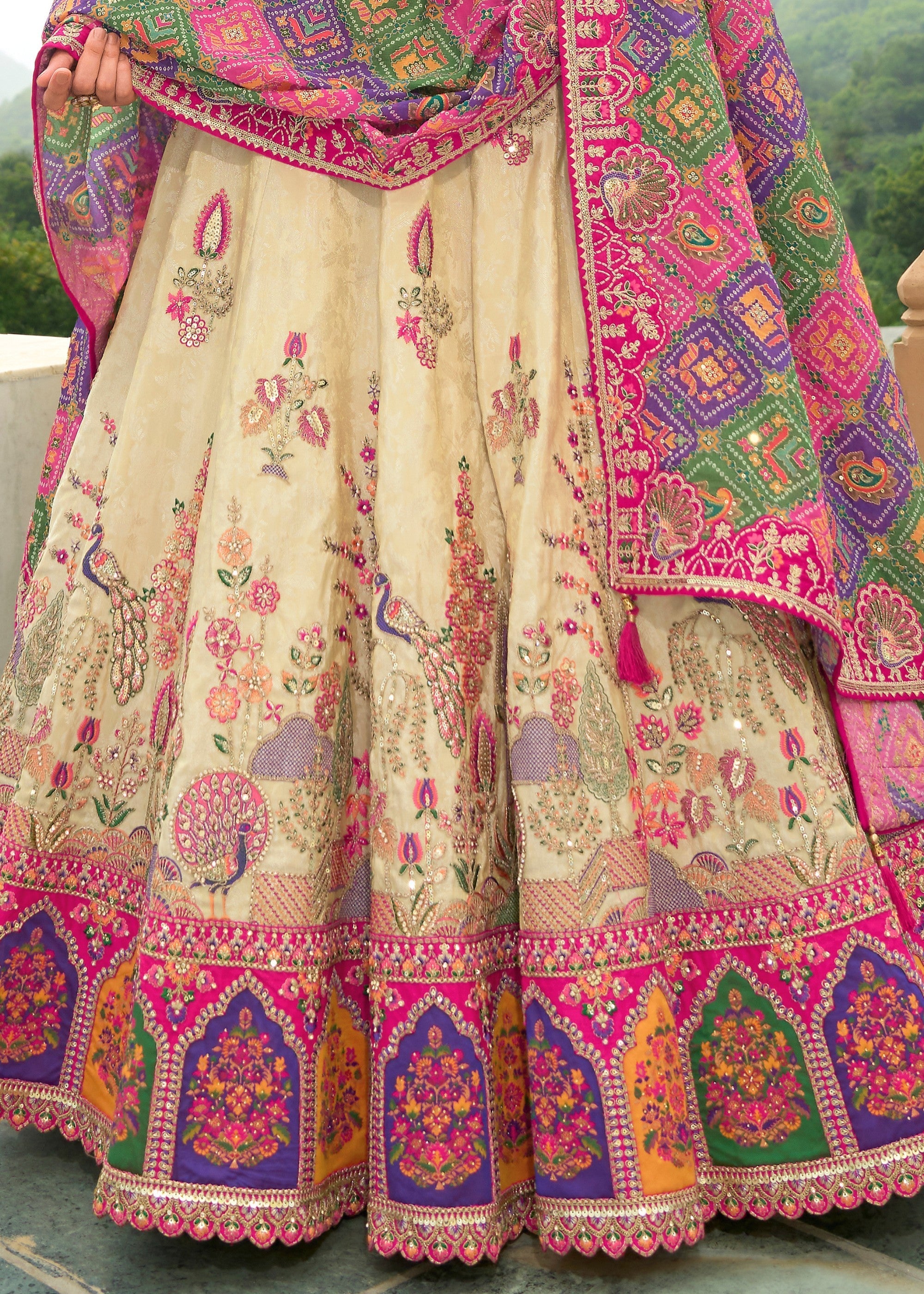 Pink And Cream Banarasi Silk Lehenga With Heavy Embroidery Work | Ready To Wear - qivii