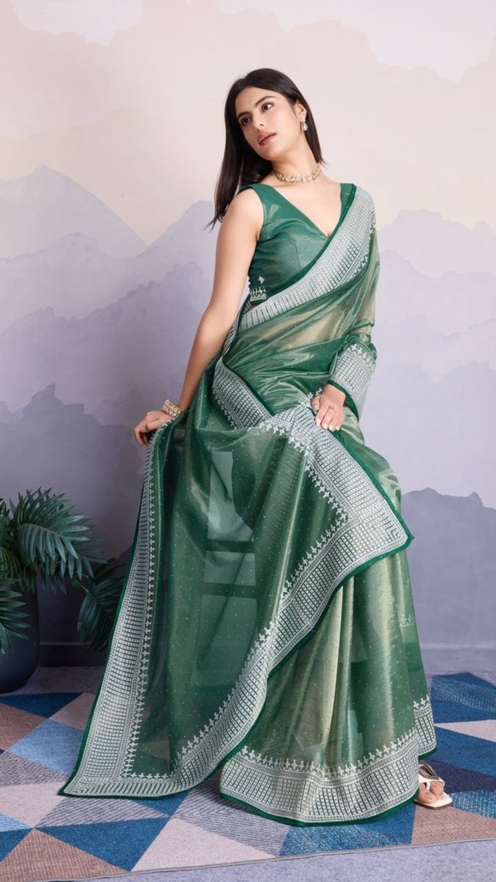 Green Color Maharani Style Broad Embroidered Saree