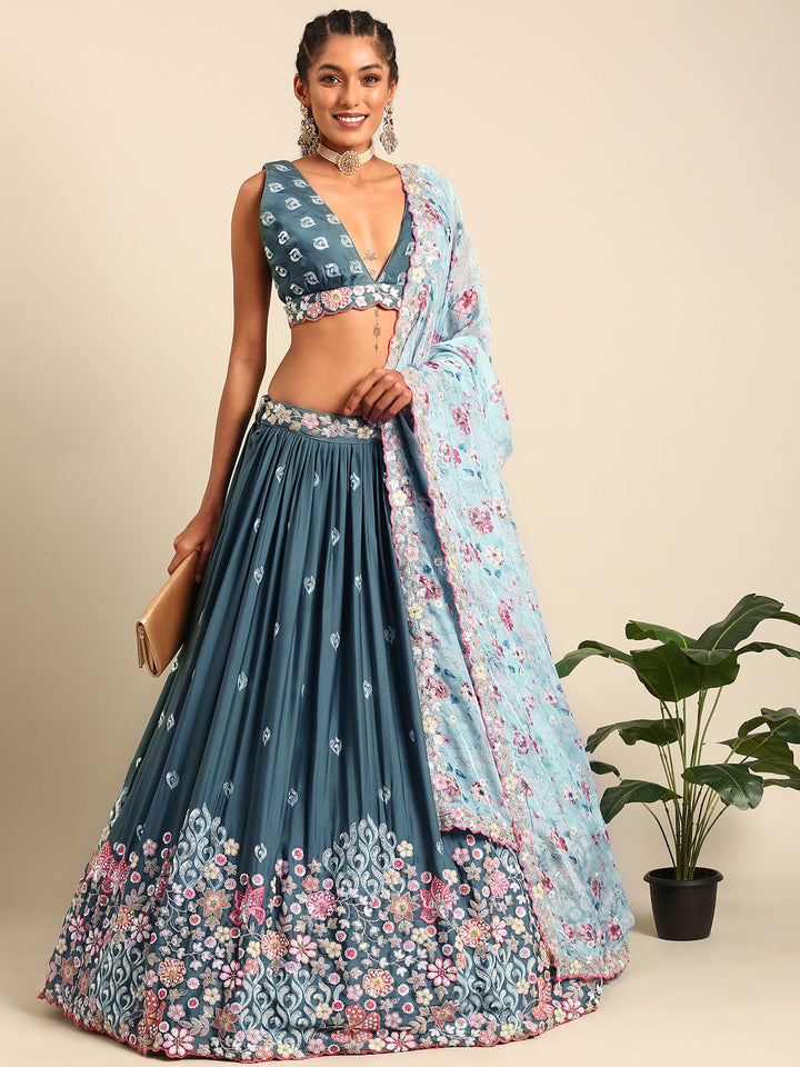 Multi-Color Sequins Coding Embroidered Chinon Stitched Lehenga Choli