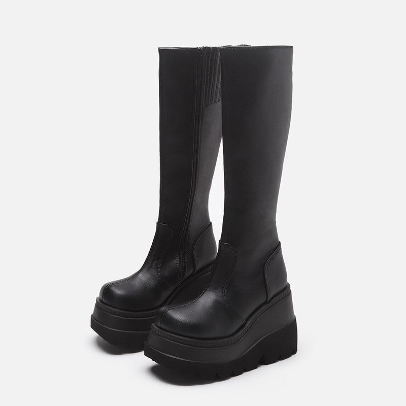 Women's GothRider Platform Mid-Calf Boots – Chunky Wedge Biker Boots (US 4–10.5)