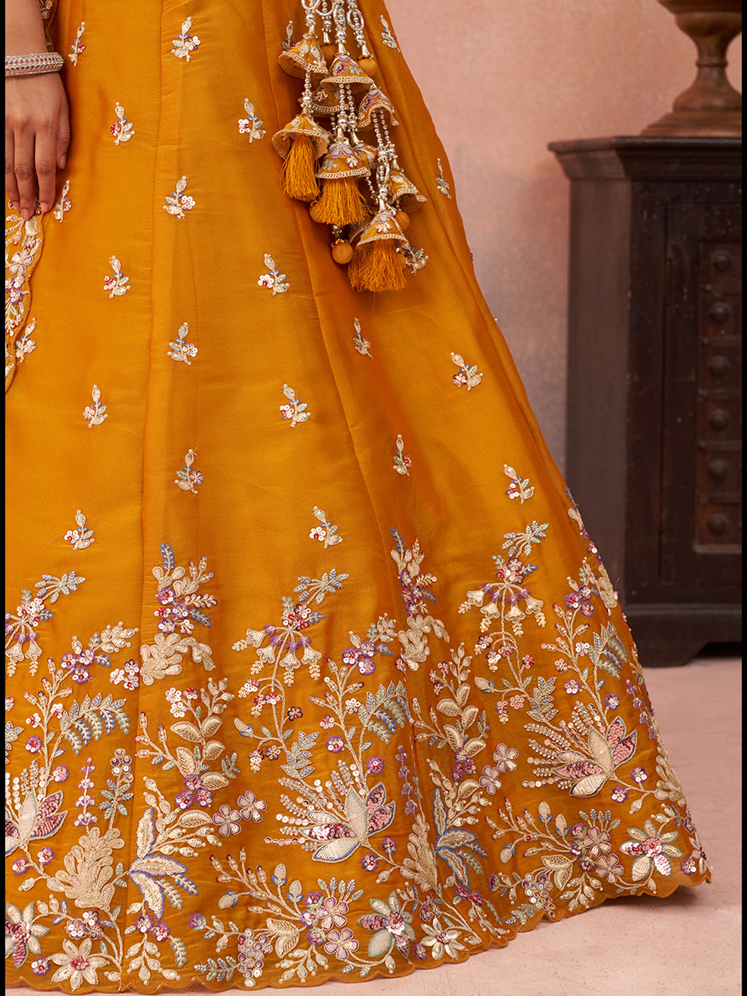 Mustard Tissue Sequined with Zari Embroidered Lehenga Set