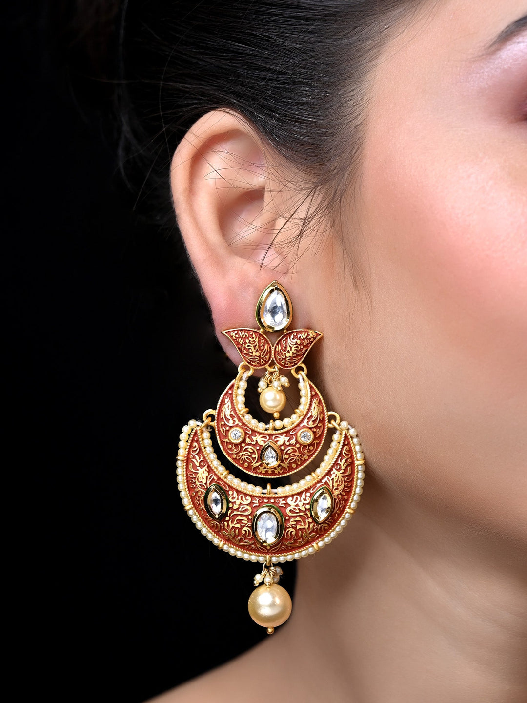 Haridra Dark Brown Kundan Meenakari Chaandbali