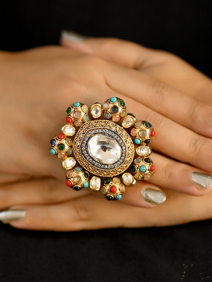  Handcrafted Shelly Victorian Navratna Finger Ring in sterling silver with Navratna gems