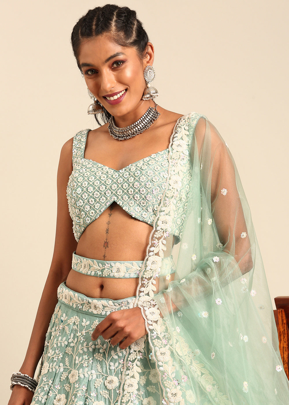 Emerald Green Georgette lehenga Choli with Sequins & Zarkan Embroidery | Ready To Wear - qivii