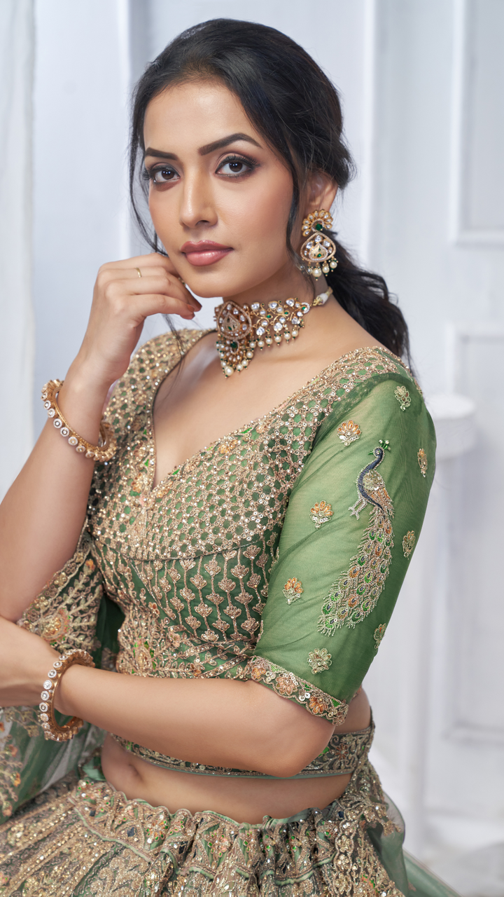 Royal Grandeur bridal  Green Mehendi Lehenga with Paisley and Peacock Motifs & Heavy Embroidery