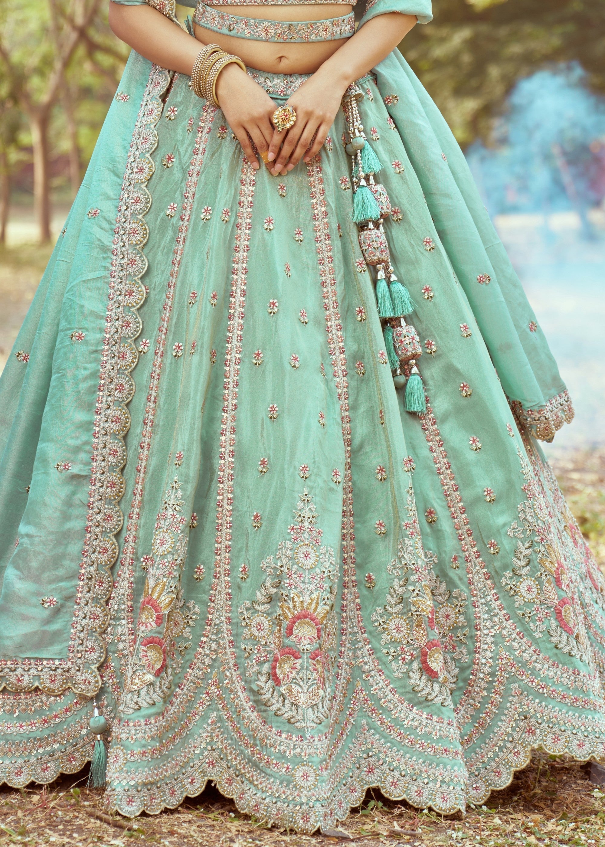 Seagreen Gold crushed Tissue Fabric Moti, Zari work Lehenga | Ready To Wear - qivii