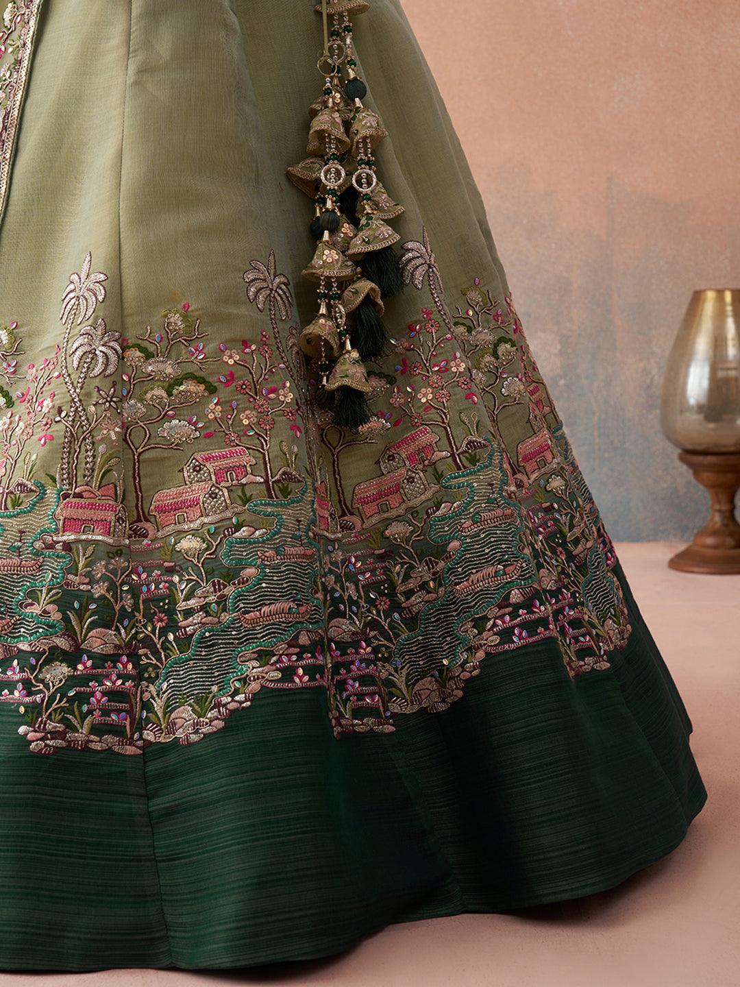 Ombre Green and Lime green Net Sequins Embroidered Lehenga Set