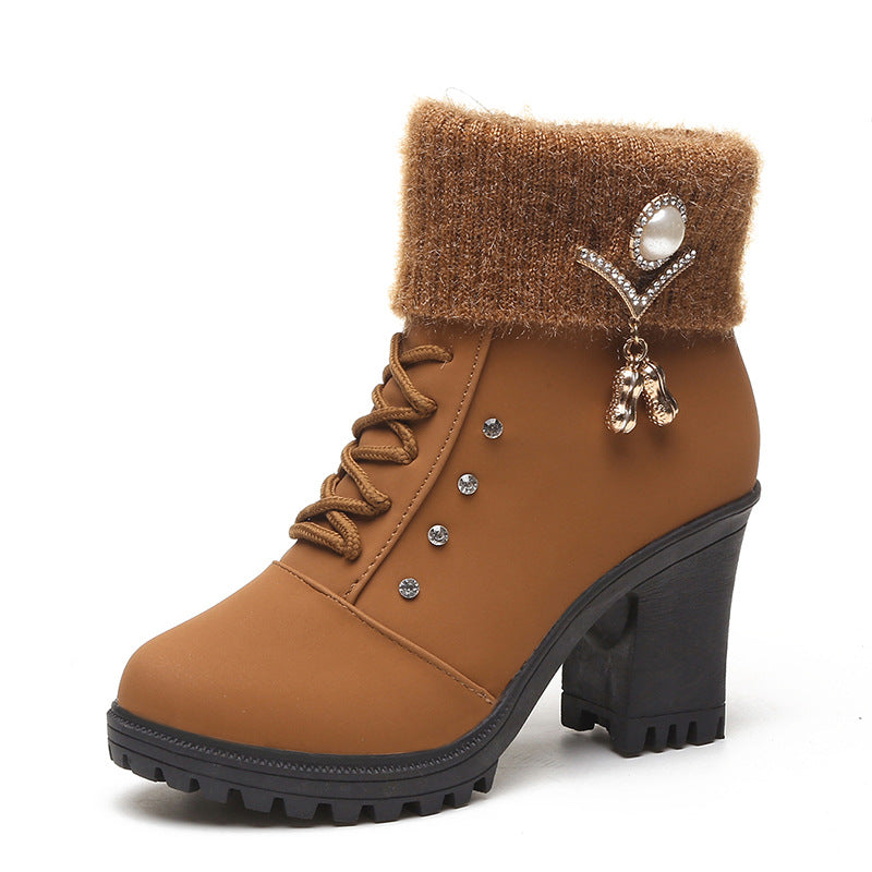 Women's Glam Knit-Cuff Boots - Rhinestone Decor Side Zip Block Heel Dress Boots (US 5-10)