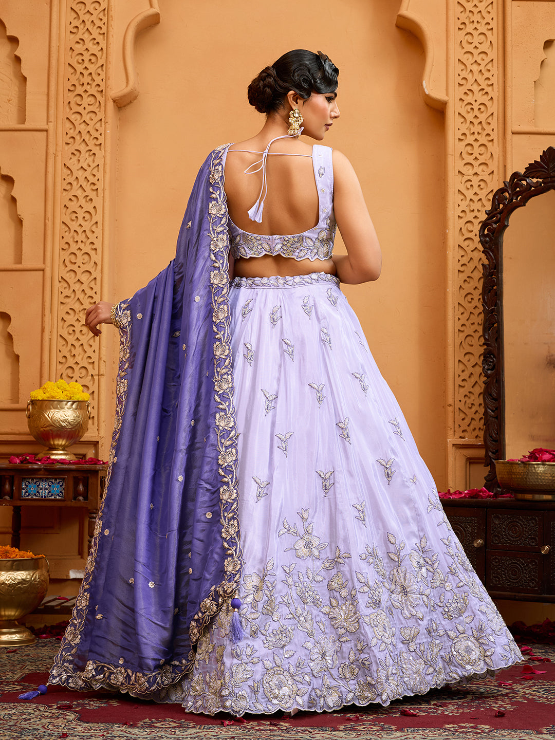 Lavender- Tissue Fabric Sequins embroidery Semi-Stitched Lehenga & Unstitched Blouse With Dupatta - qivii