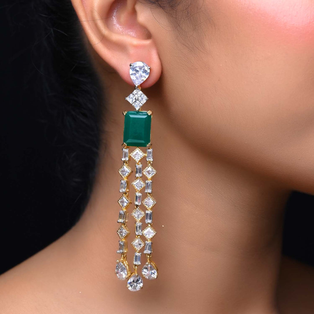 Priyal Green Stoned American Diamond Gold Plated Earrings