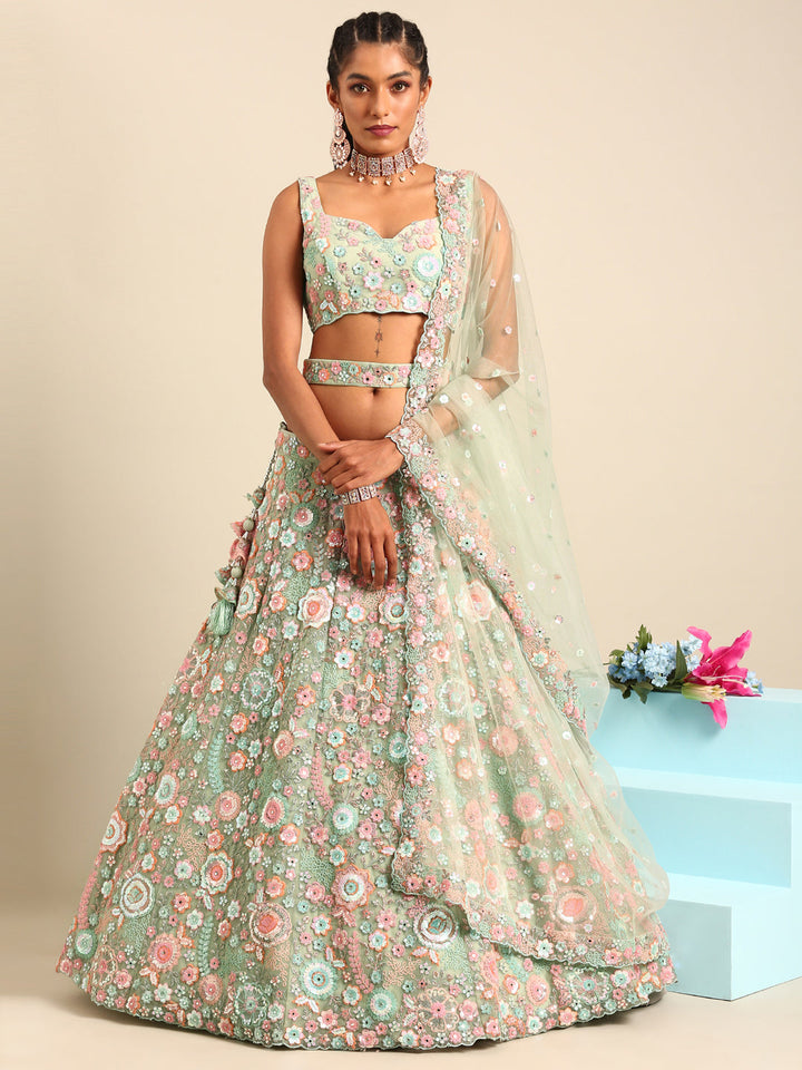 Rounded Embroiderey Multi-Sequins, Mirror and thread Embroidered Net Stitched Lehenga