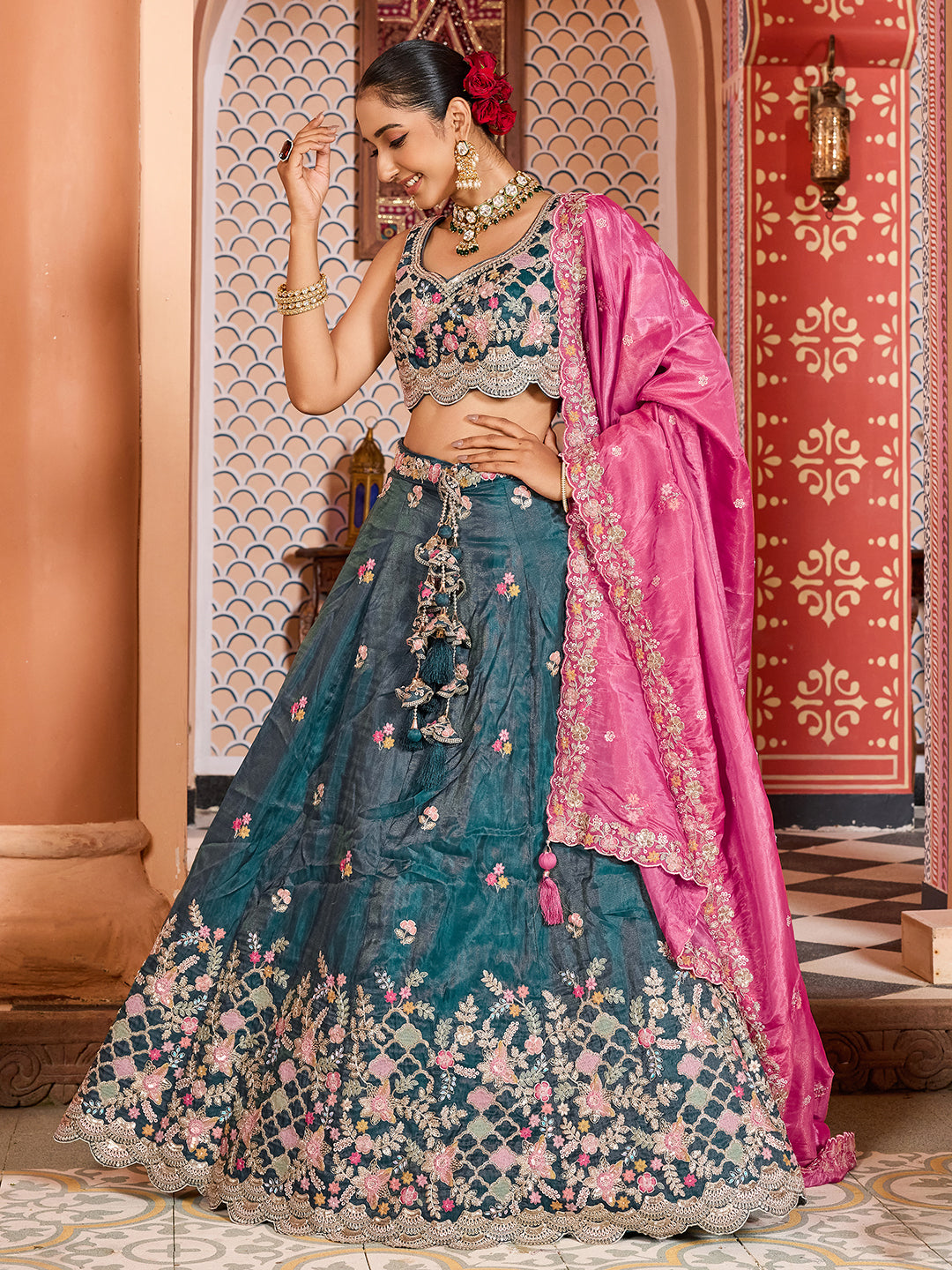 TEAL - Tissue Fabric Sequins embroidery Semi-Stitched Lehenga & Unstitched Blouse With Dupatta