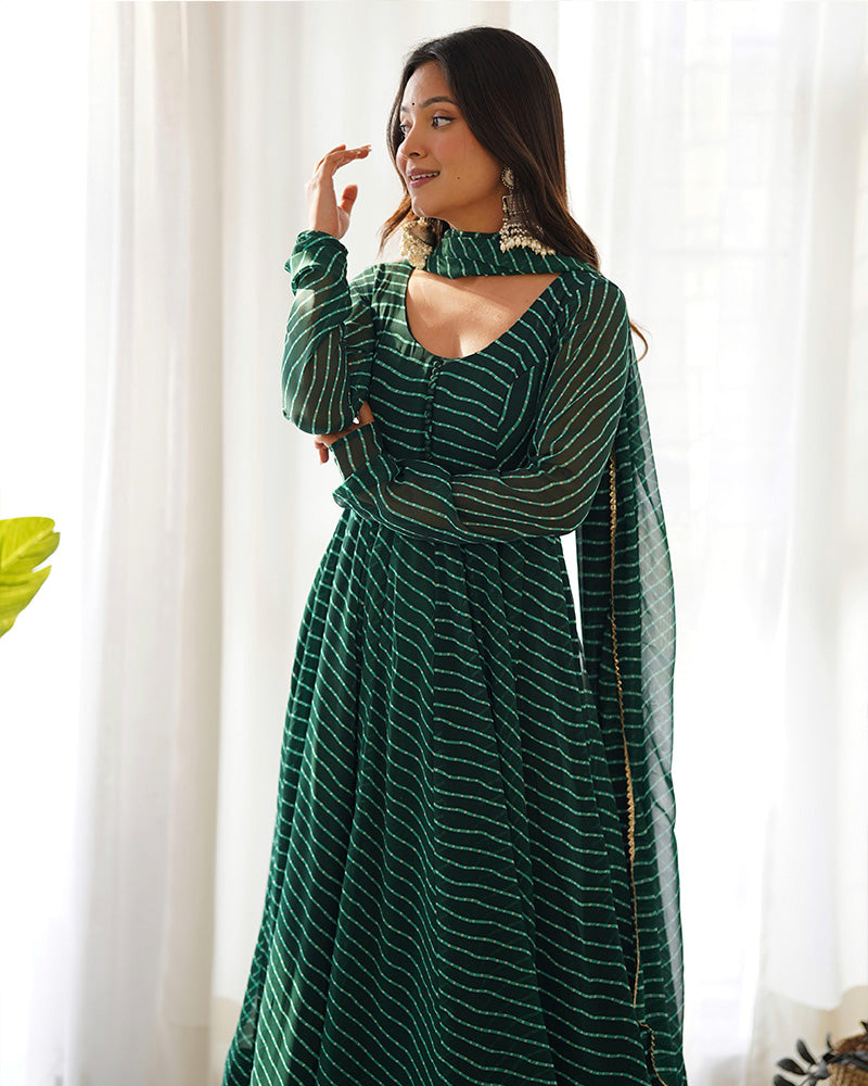 Green Color Laheriya Print Georgette Three Piece Anarkali Suit  - By Qivii