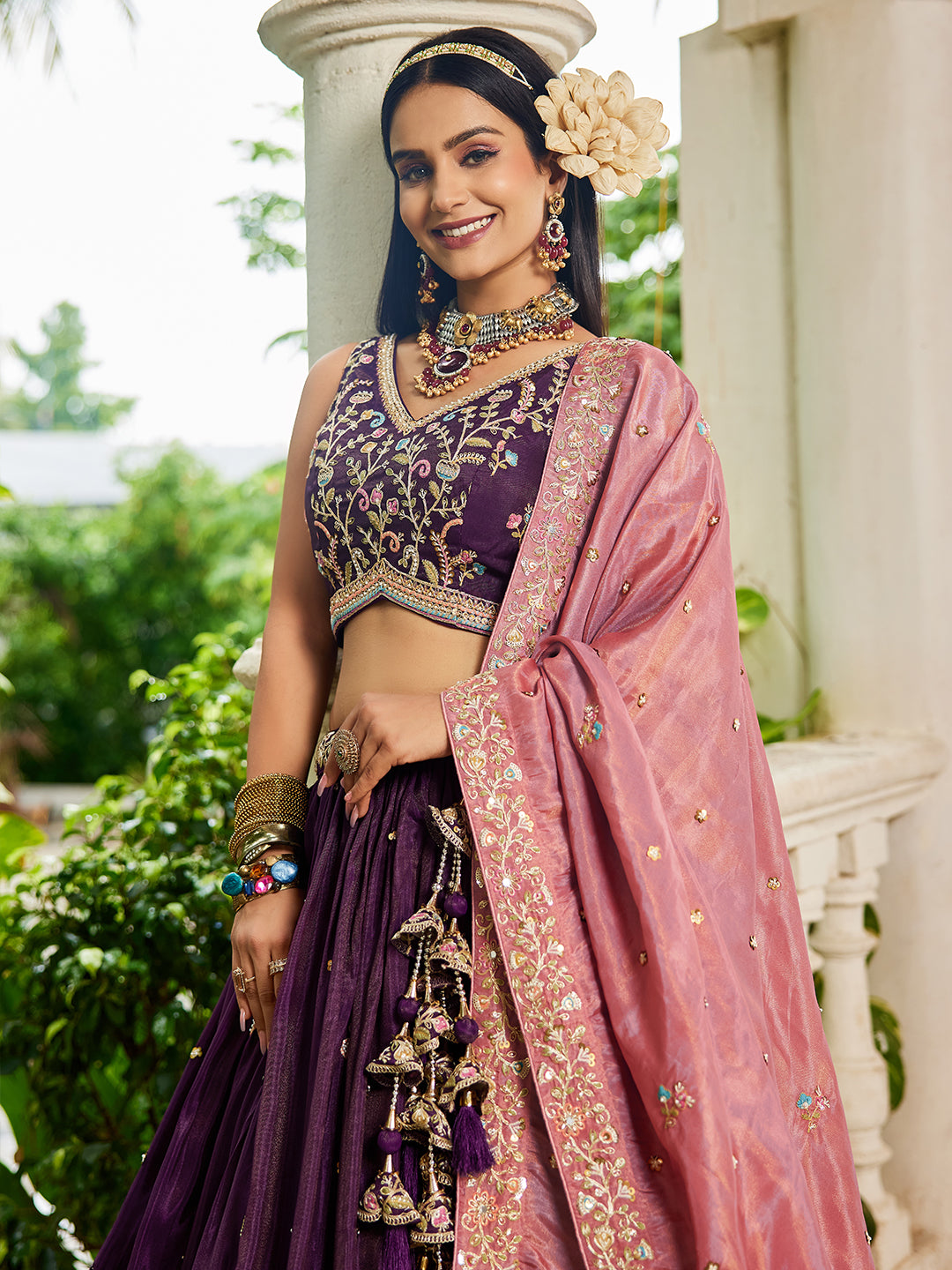 Burgundy - Satin Sequinse embroidery Lehenga choli & Dupatta