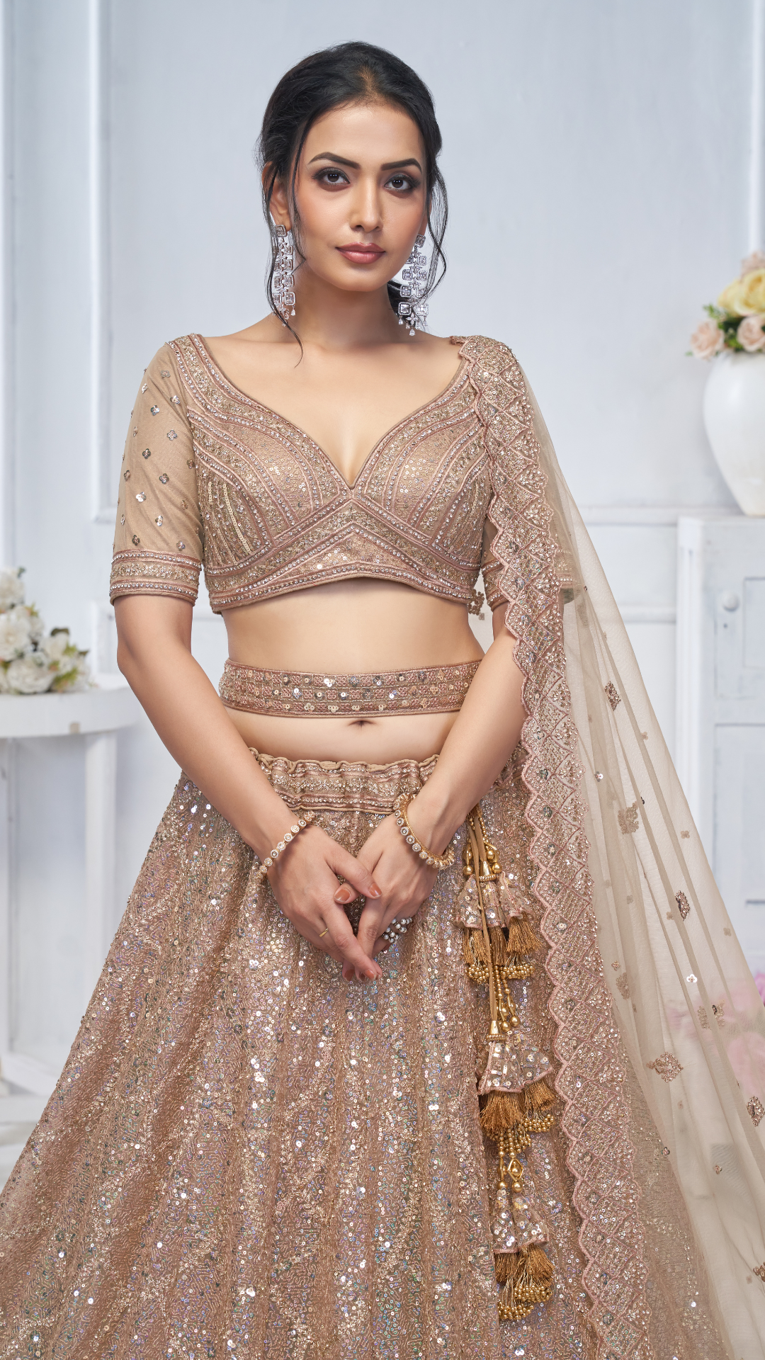 Alluring Brown Sequins Net Bridesmaid Lehenga Choli With Dupatta