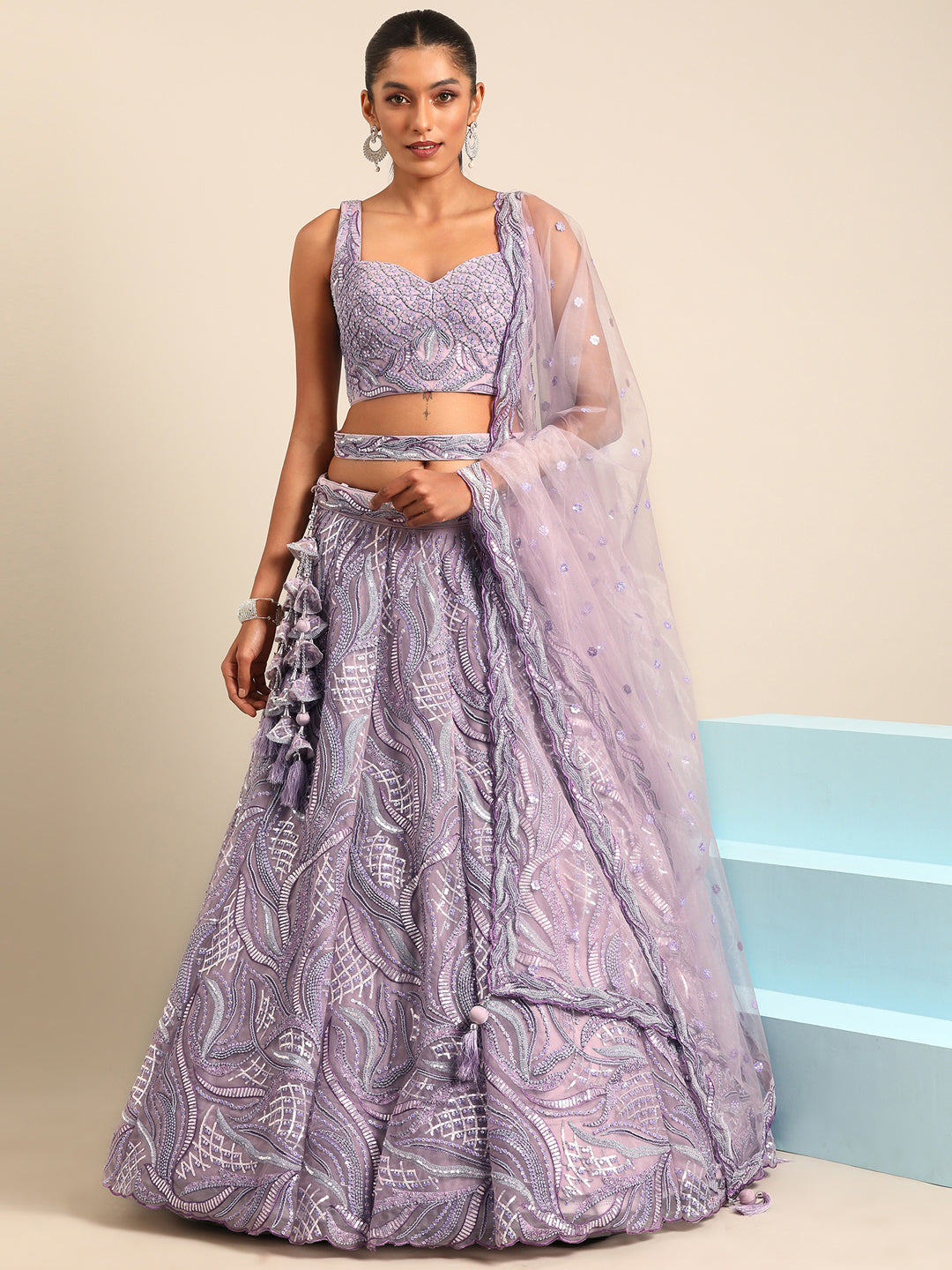 Light-Dark Color Sequined Heavy Embroiderey using thread Net Stitched Lehenga Choli