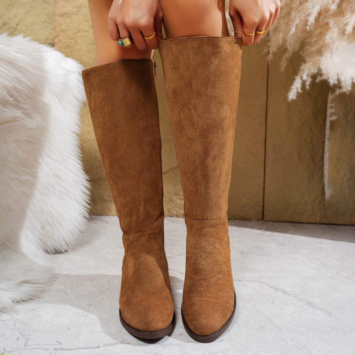 Women's Hollis Vintage Riding Boots - Knee-High Suede Boots with Side Zip & Block Heel (US 5-10.5)