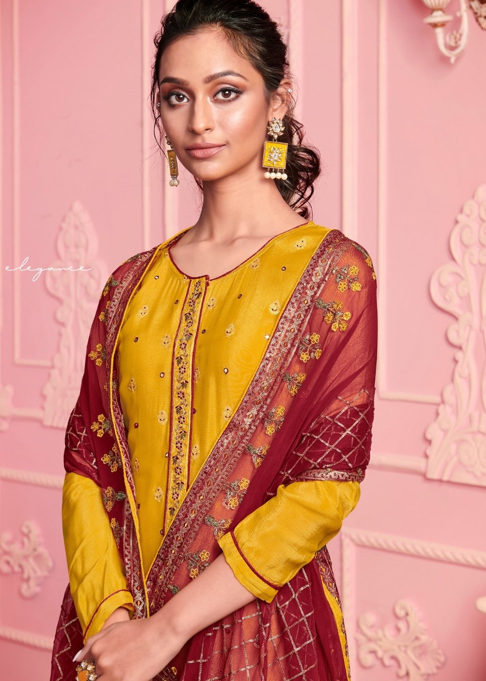 Mustard Yellow Georgette Salwar Suit with Thread & Zari Embroidery work By Qivii