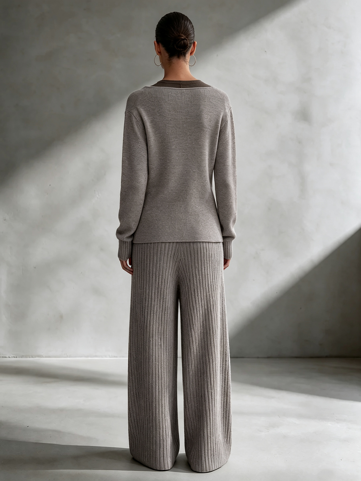 Women's V-neck Diagonal Button Knit Top & Vertical Rib Wide Leg Knit Pants Set