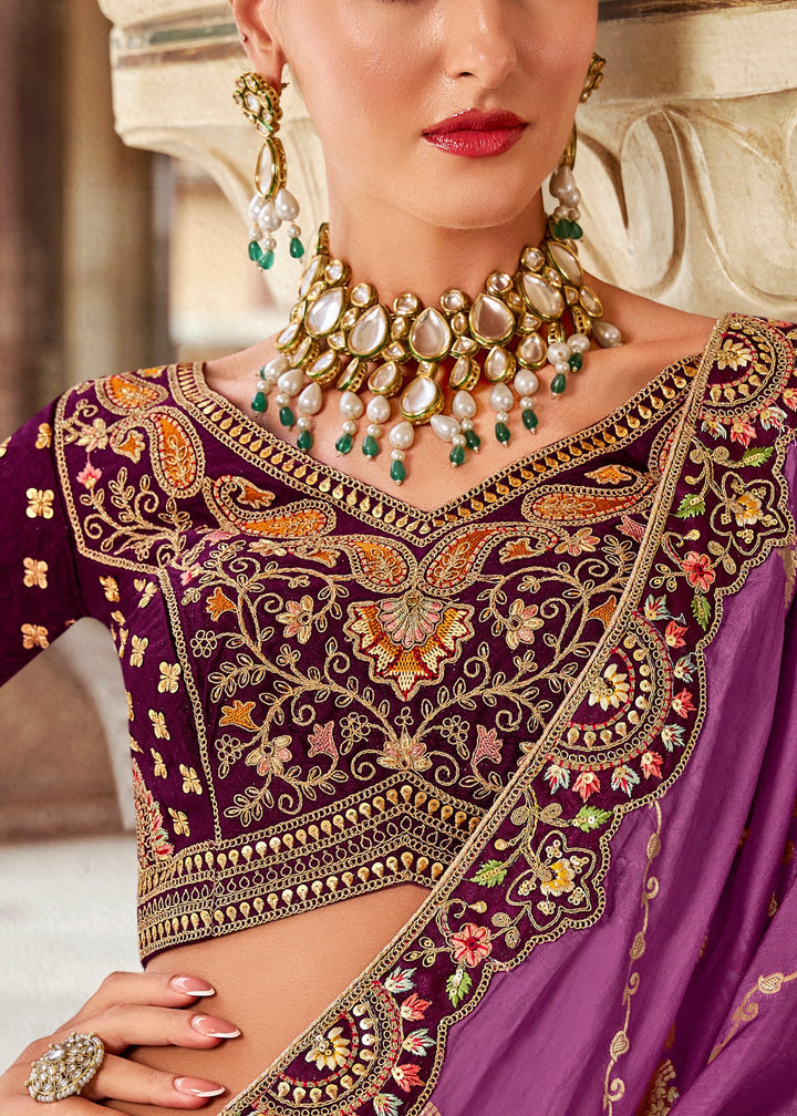 Violet Purple & Pink Banarasi Silk Lehenga Choli with Zarkan, Sequence and Thread Work