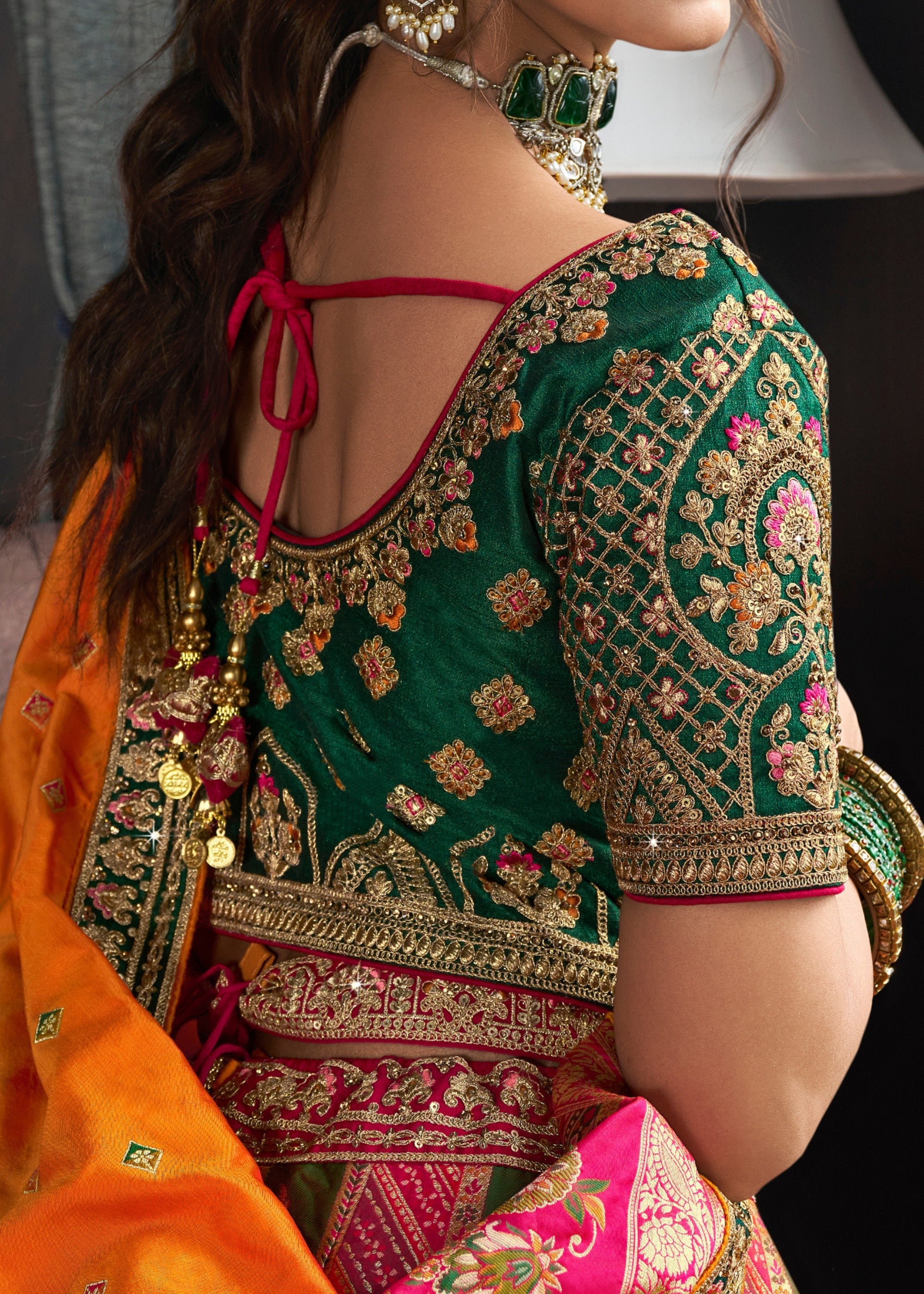 Green & Yellow Banarasi Silk Lehenga with Zarkan Codding work | Ready To Wear - qivii