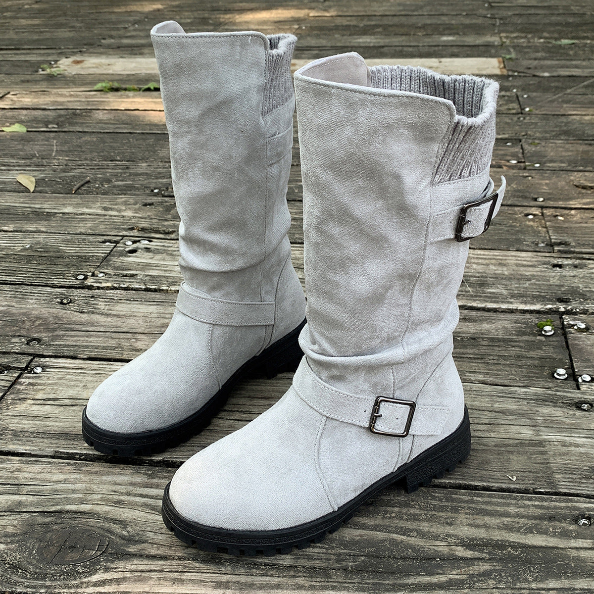 Women’s RanchWrap Buckle Mid-Calf Suede Boots – Knit Cuff Western-Style Slouchy Shoes (US 5–10.5)