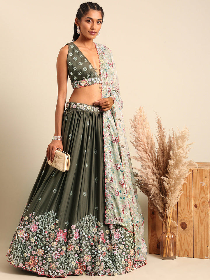 Multi-Color Sequins Coding Embroidered Chinon Stitched Lehenga Choli