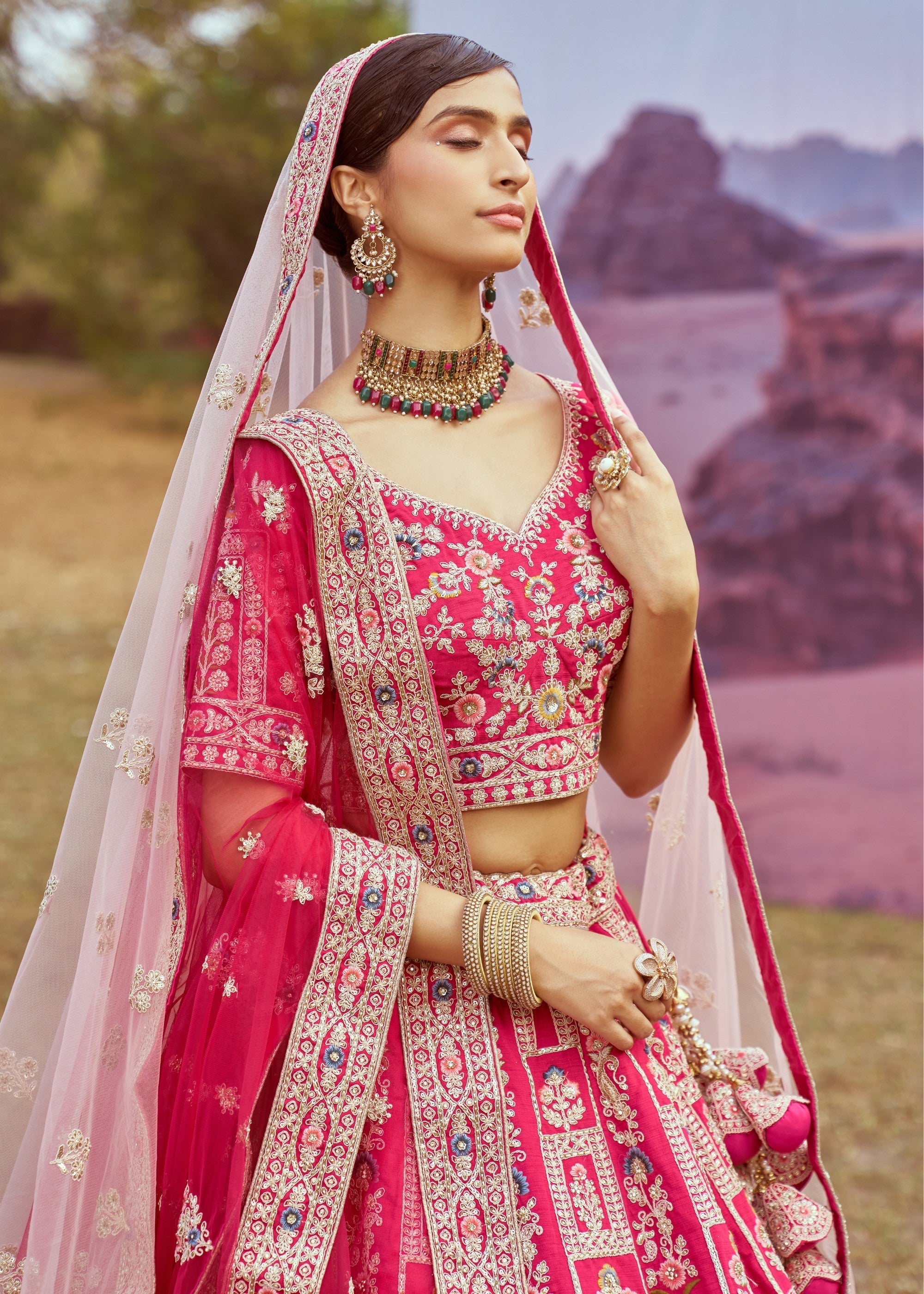Pink Pure silk Moti, Sequins Embroidery Bridal Lehenga | Ready To Wear - qivii