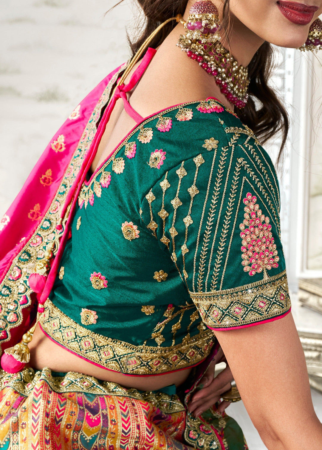 Hot Pink & Green Banarasi Silk Lehenga with Zarkan Codding work