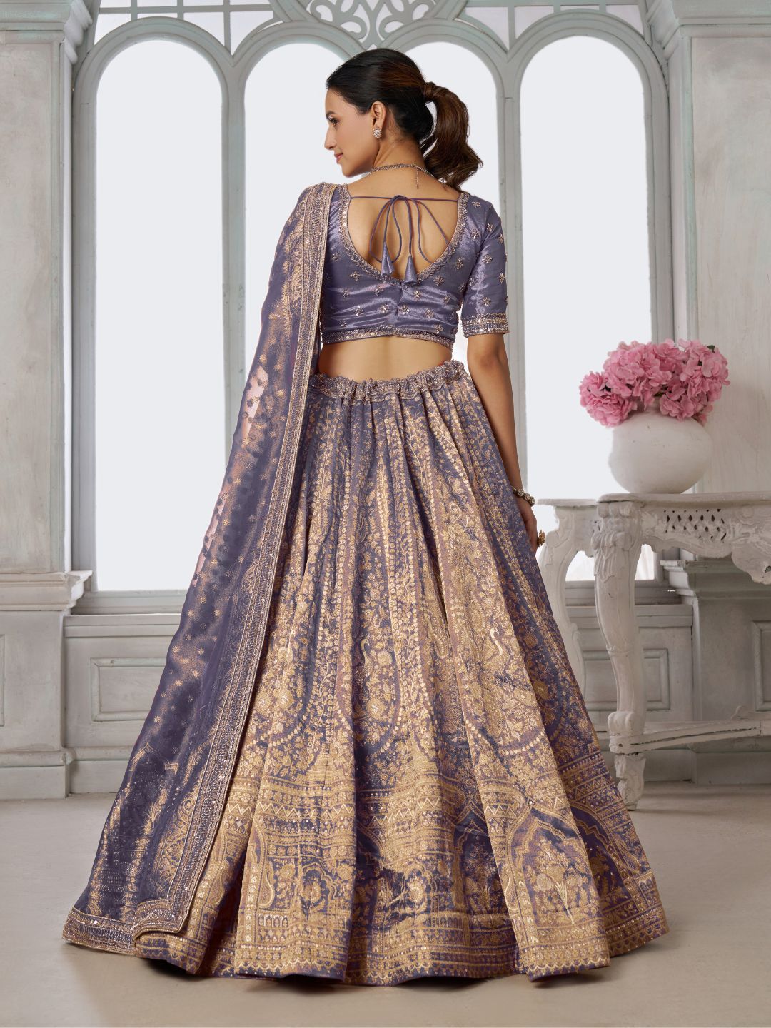 Luxurious Purple Jari Tissue Lehenga Adorned with Delicate Beadwork