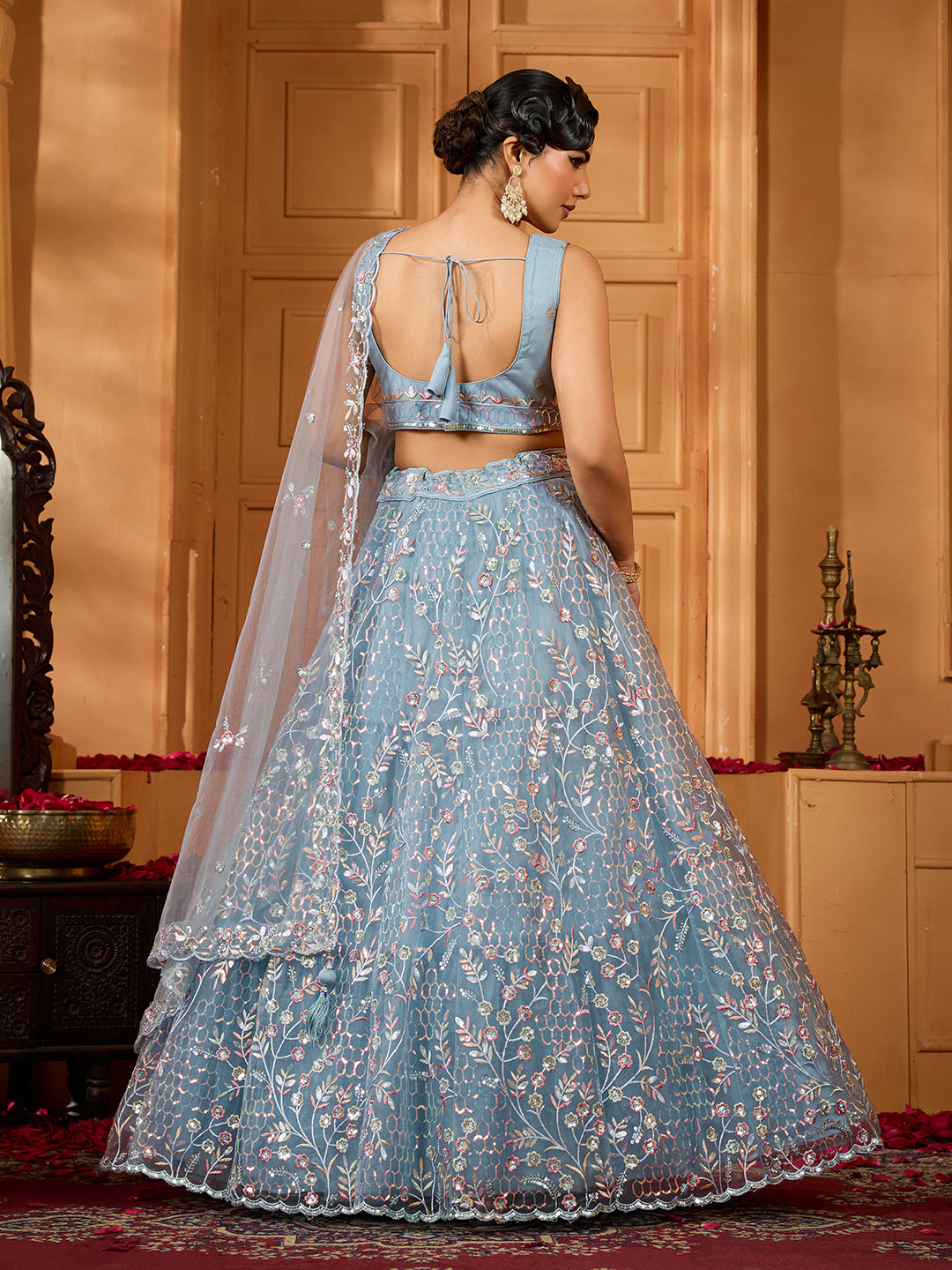 Grey- Net Fabric Sequins embroidery Semi-Stitched Lehenga & Unstitched Blouse With Dupatta - qivii