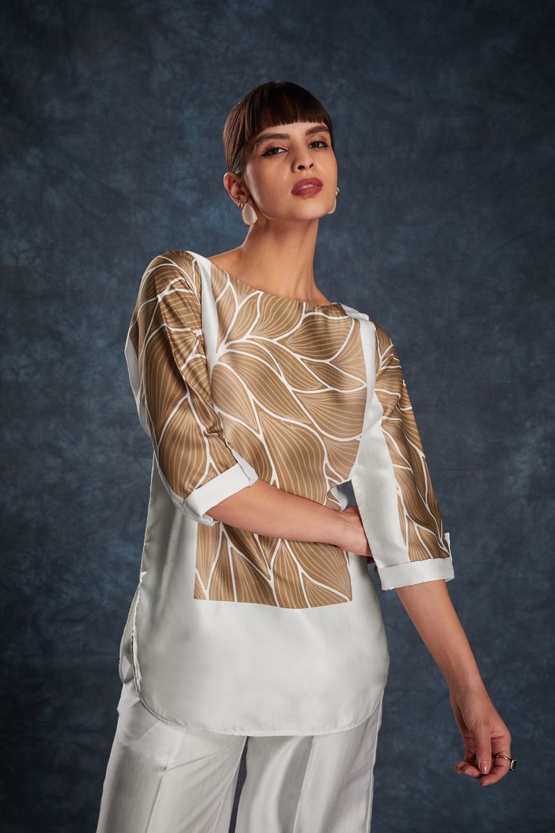 WHITE LINEN SATIN PRINTED TOP,PANT CO-ORD SET - qivii