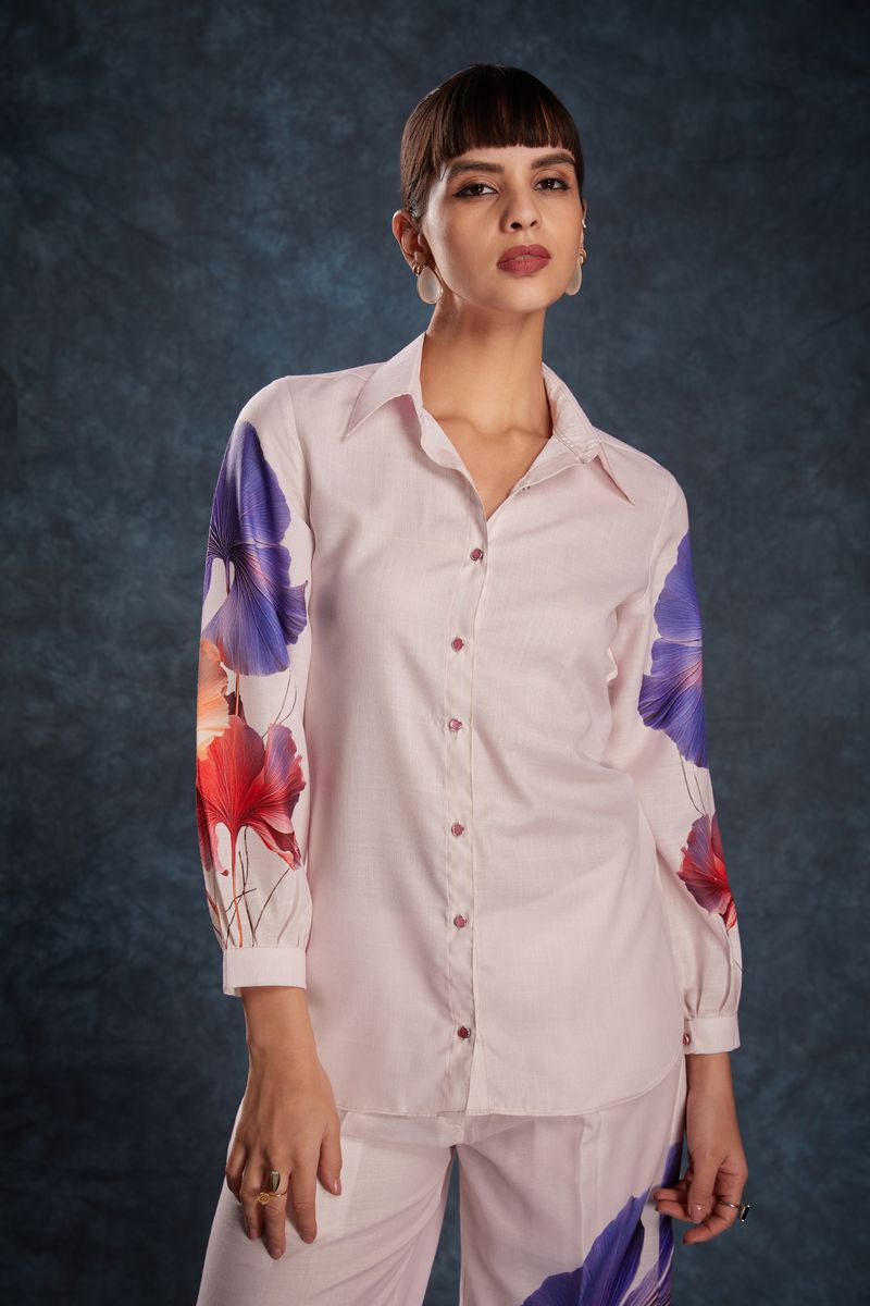 LIGHT PINK LINEN PRINTED TOP,PANT CO-ORD SET - qivii