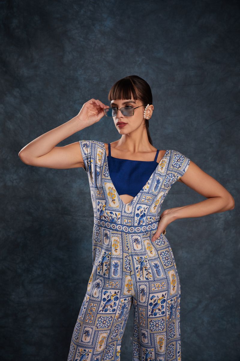 NAVY BLUE LINEN PRINTED CO-ORD SET - qivii