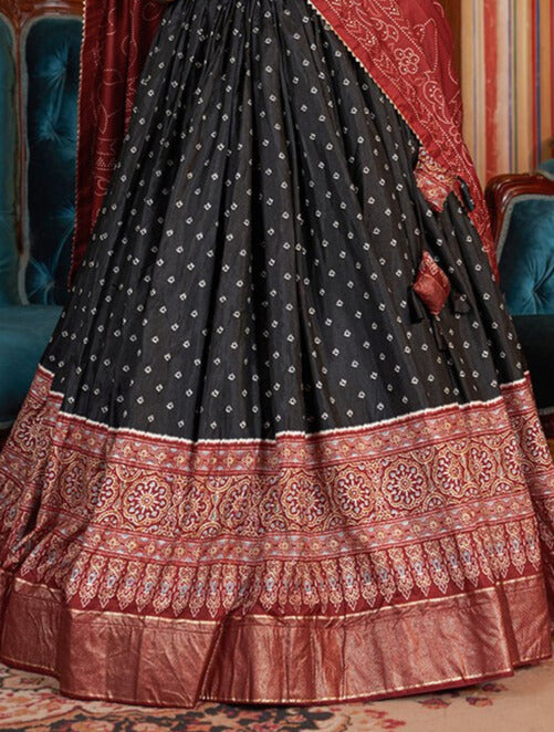 Bandhani And Ajarakh Print With Foil Work Lehenga Choli in Black Color