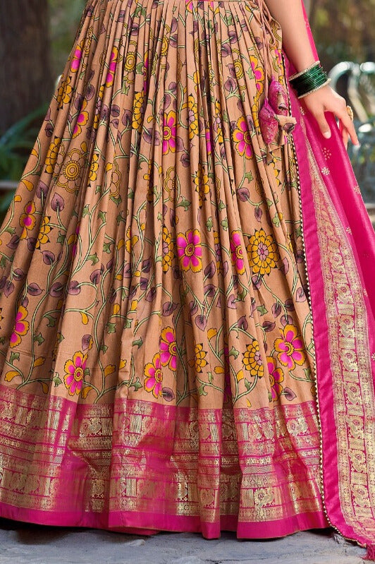 Kalamkari Tussar Silk With Foil Print Lehenga Choli in Mustard Color